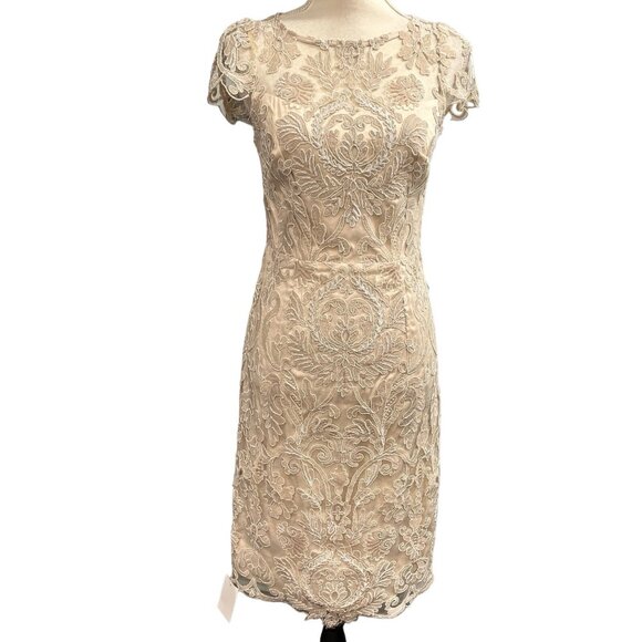 Vince Camuto Dress Womens 4 Beige Lace Textured Midi Victorian‎ Wedding Feminine - Picture 1 of 11